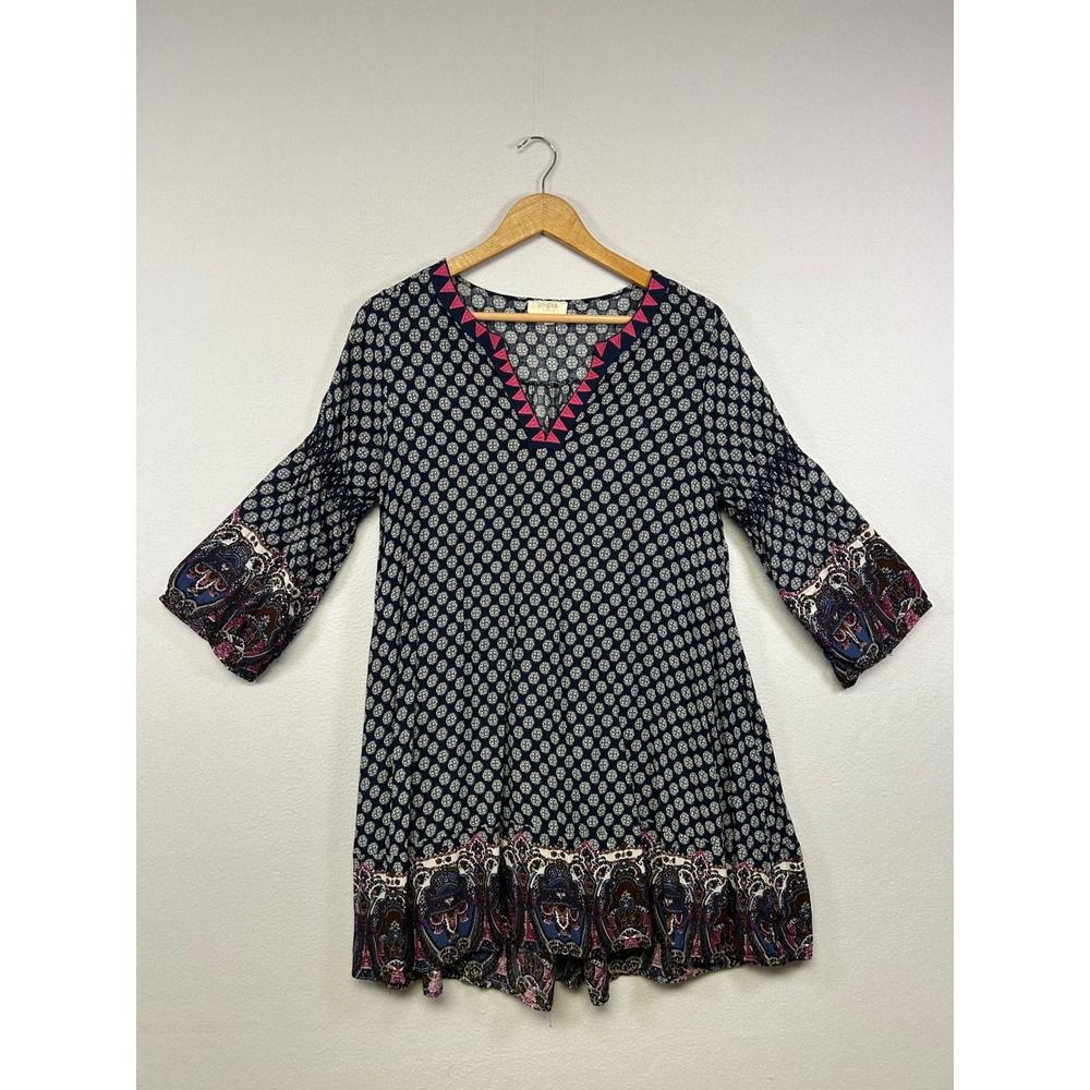 Boho Festival Umgee Womens Size S Navy Blue Medallion Paisley Tunic Dress A1323